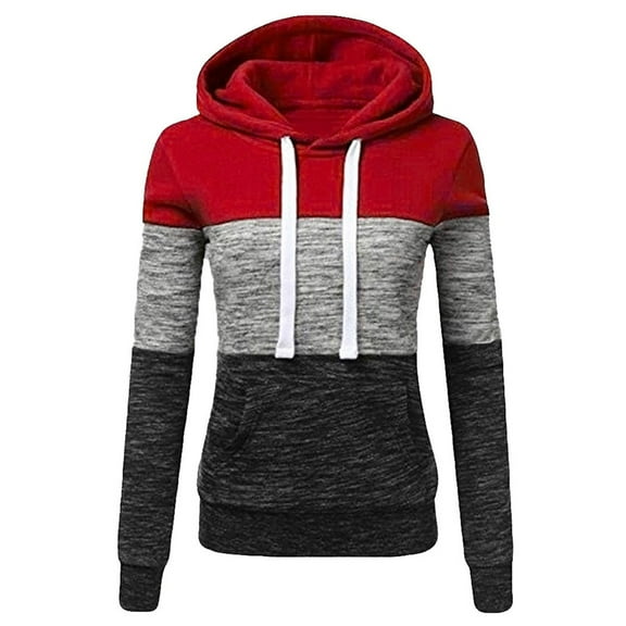 Women's Color Block Hoodie Trendy Slim Fit Fleece Drawstring Pullover Hooded Winter Sweatshirt Tops with Pockets (XL, Red)