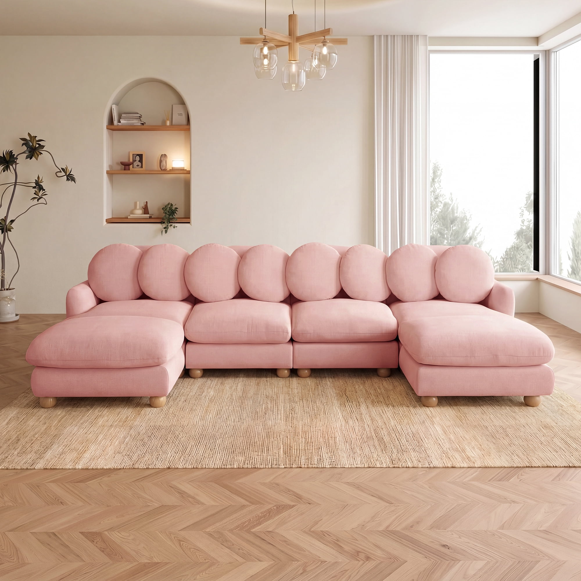 123" U-shaped 6 Seater Chenille Modular Sectional Sofa Couch with 8 Throw Pillows and 2 Ottoman
