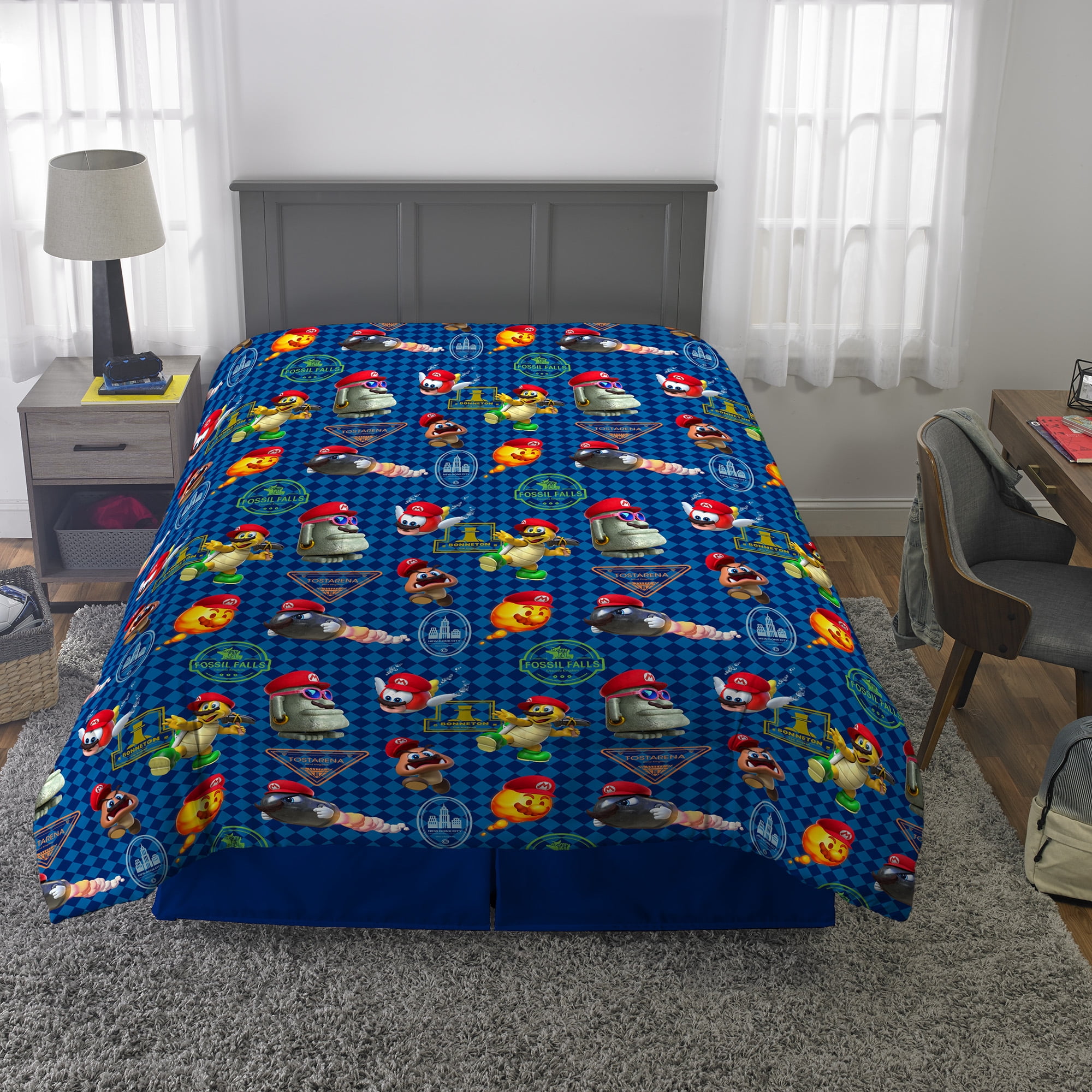Super Mario Kids Comforter and Sham, 2-Piece Set, Twin, Gaming Bedding, Reversible, Gray