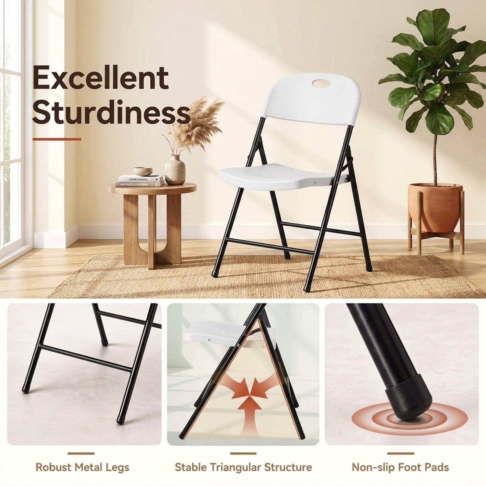 Furnibear Set of 6 Foldable Plastic Chairs with Ergonomic Backrest for Kitchen Dining Room Living Room Home, White
