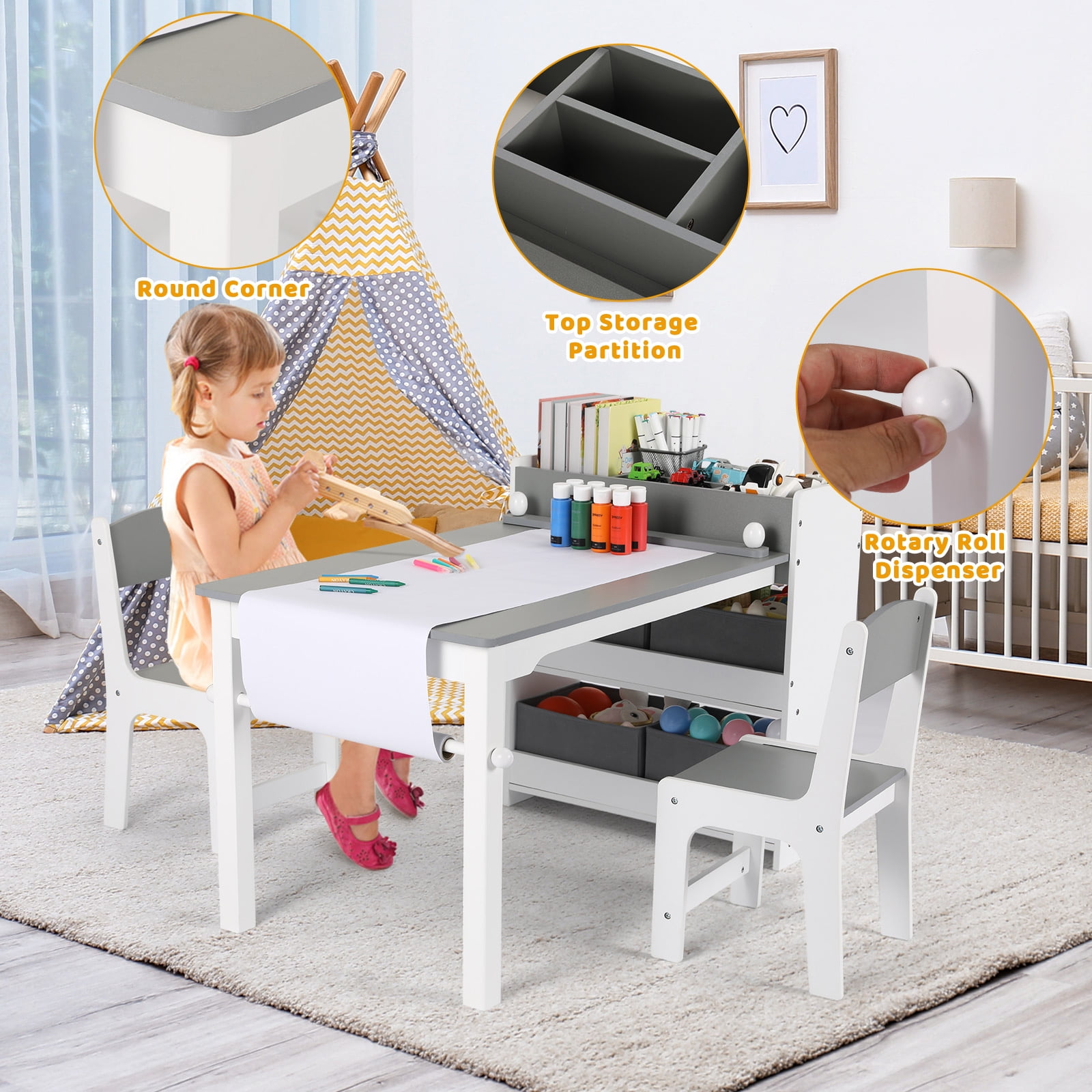 LAZY BUDDY Kids Art Table & Chairs Set, Wooden Toddler Activity Table Set with Storage Bins, Storage Shelves and Paper Roll for Playroom, Daycare