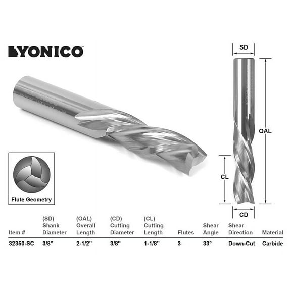 CNC Router Bit Down Cut 3 Flute 3/8" Dia. X 1-1/8"- Yonico 32350-SC