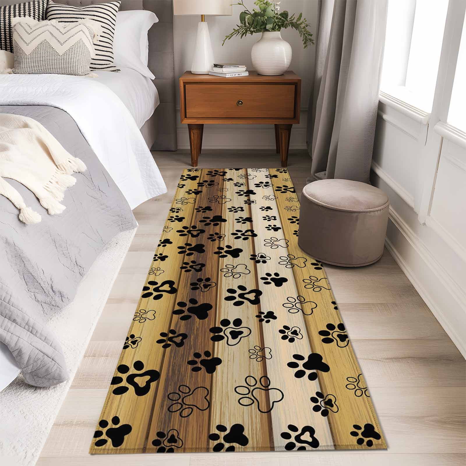 2'x6' Rug Runners for Hallways Kitchen, Cute Dog Claws Non Slip Entryway Beside Floor Carpet Runner, Farmhouse Brown Wooden Grain Puppy Pawprints Laundry Room Bedroom Throw Rugs Mat for Family Pet