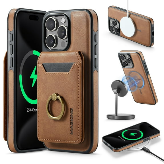 For iPhone 14 Plus Case with Credit Card Holder,Ring Holder,Phone PU Leather Case Wallet for Women Men Magnetic Detachable 2-in-1 Wallet Card,Shockproof Rugged Phone Case,Brown