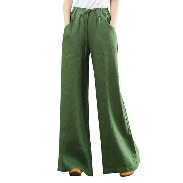 Pantalones palazzo de algodón y lino de cintura alta para mujer, con bolsillos, pantalones informales para estar por casa.