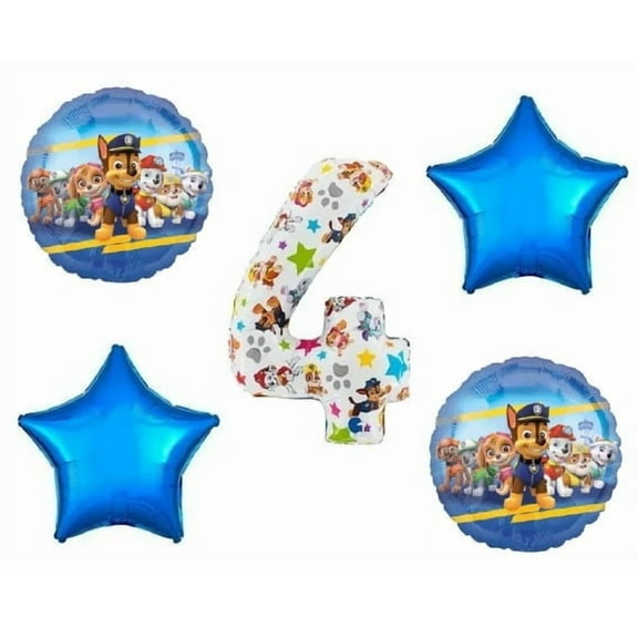 Paw Patrol Chase and Friends #4 4th Happy Birthday 5 Piece Mylar Balloons Set White
