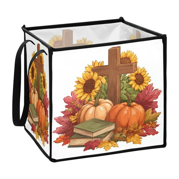 Home Organizer Foldable Fabric Storage Bin With Handle Wooden Cross