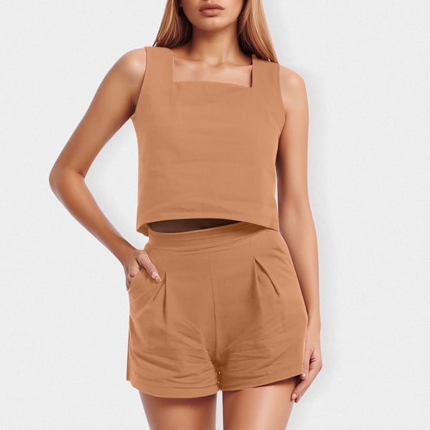 MKLEKYY Pantalones Cortos Deportivos Para Mujer Conjuntos De 2 Piezas Para Mujer Conjuntos A Juego Pantalones Cortos De Dos Piezas Tops Cortos Conjunto De Ropa De Moda