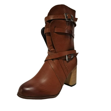 

Takeoutsome Women s Winter Fashion Squared Heel Vintage Round Toe Zip Up Combat Boots Shoes