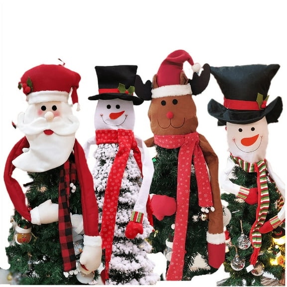4Pcs Christmas Tree Topper, Cute Xmas Snowman/Santa Claus/Reindeer Tree Top Hugger with Hat Scarf Hugger for Indoor Christmas Decorations, Holiday Winter Wonderland Tree Topper Party Supplies