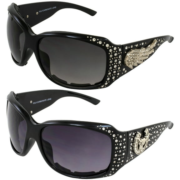 Rodeo Queen 2 Pairs of Motorcycle Sunglasses for Women Foam-Padded Black Frame w/ Bling Rhinestones & Smoke Gradient Lenses
