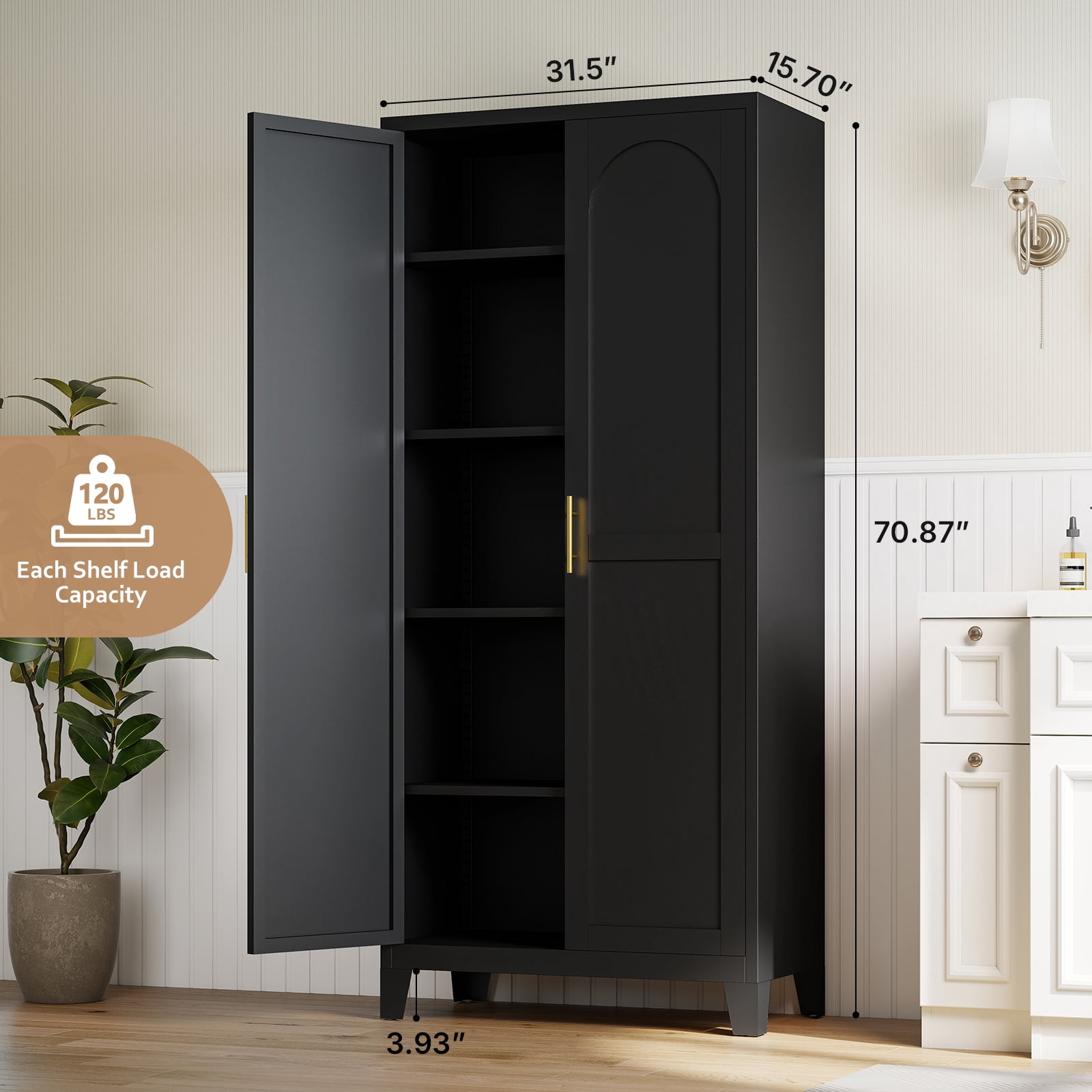 LIZEVINC 71.2in Pantry Cabinet, Metal Shapely Doors Cabinet with Doors and Adjustable Shelves, Food Pantry Cabinet for Kitchen,Dinning Room- Assembly Required(Black)