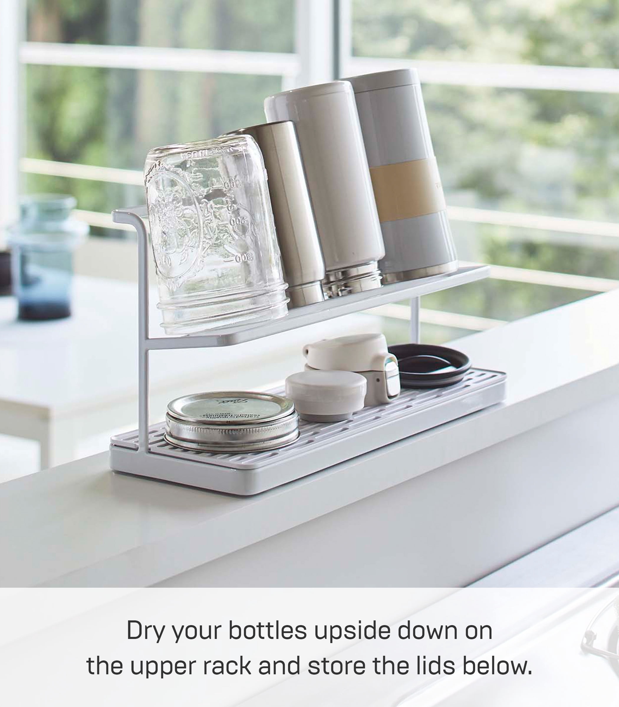 Yamazaki Home Countertop Bottle Drying Rack, White, Steel, Supports 4.4 pounds, No Assembly