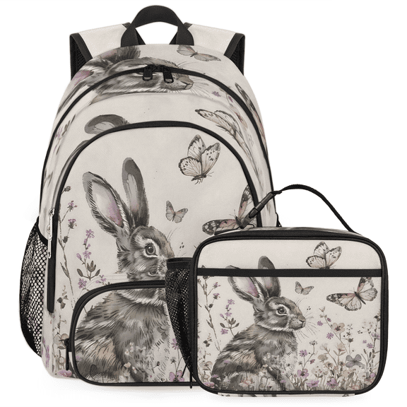 Herdesigns Rabbit Wildflowers Large Backpack Set with Lunch Box Lightweight Water Resistant Travel Laptop Backpacks Casual Daypacks for Women Men