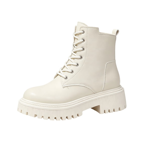 EKVAHL Women's Orthopedic Combat Walking Boots, Lace Up Platform Ankle Booties, Arch Support Lug Sole Outdoor Office Daily Casual Short Boots Beige