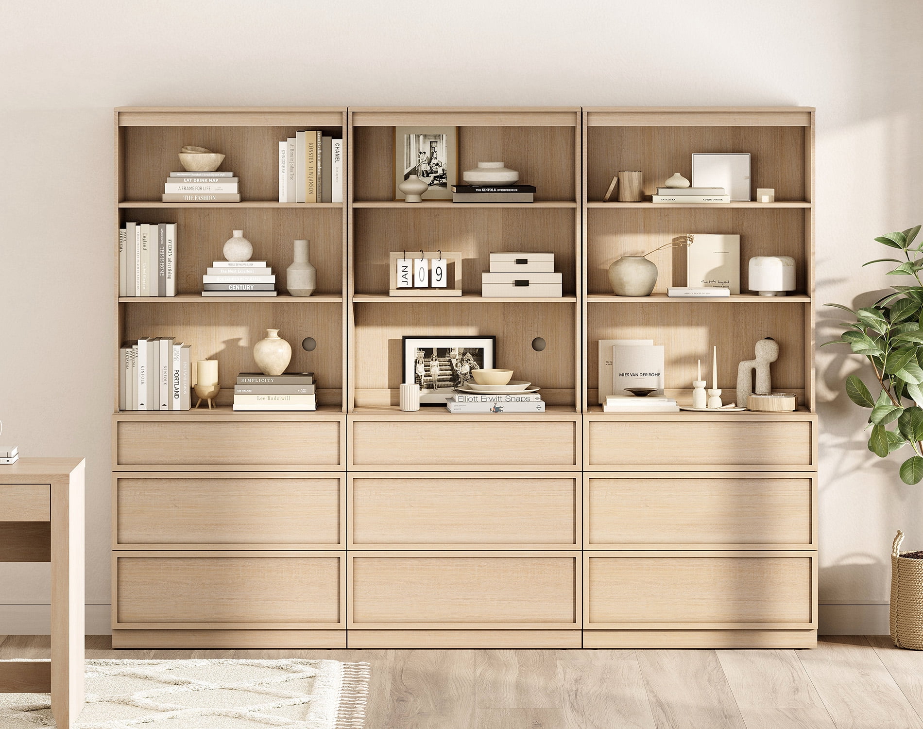 Modern 72" Tall Bookshelf with 9 Drawers and Open Book Shelves,Wood Freestanding Book shelf for Home Office, Living room,Beige
