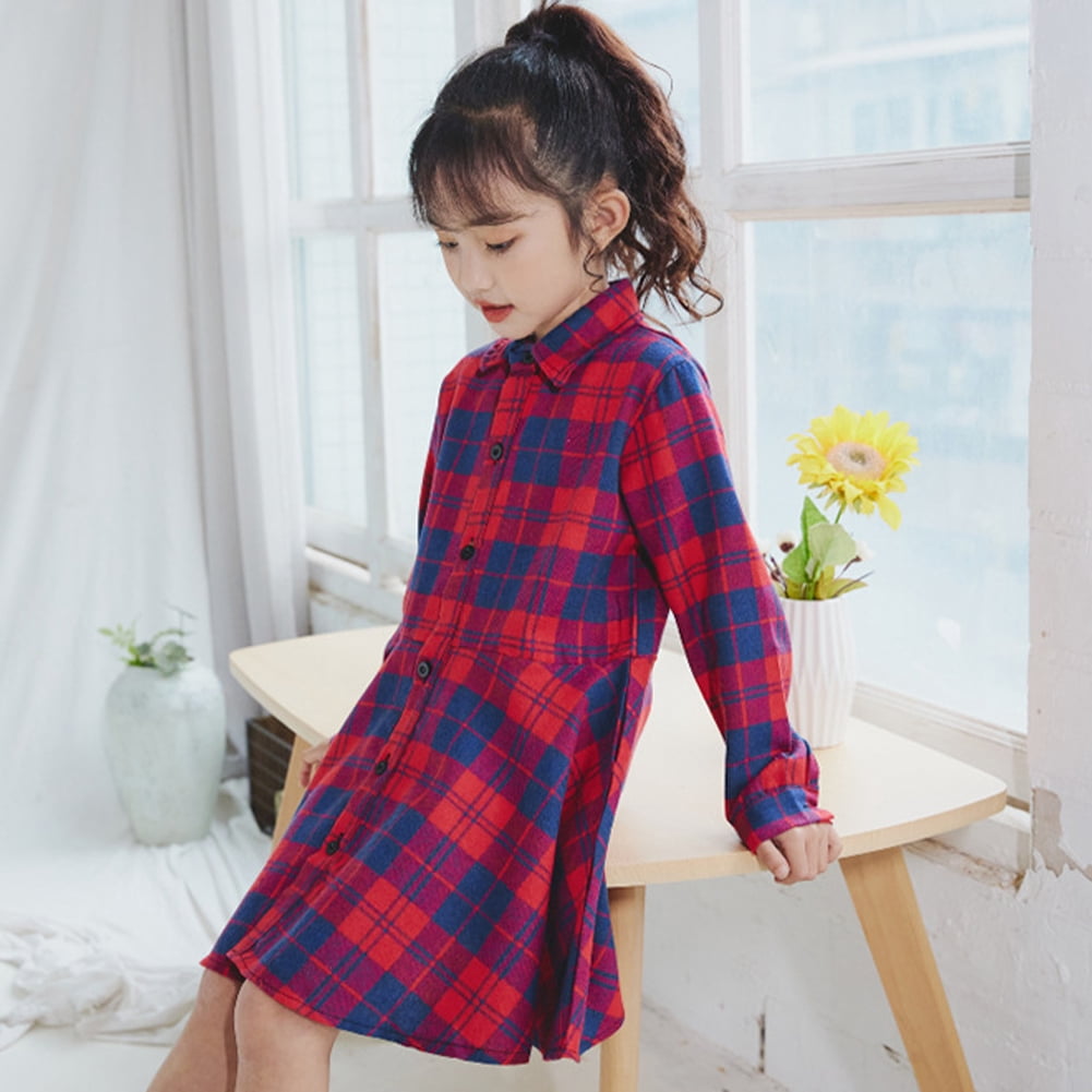 LYMAYTER 3-11T Toddler Kids Girls Plaid Dress Spring Fall Long Sleeve Button down Shirts Dresses Lapel Plaid Flannel Shirt Dress