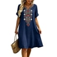thumbnail image 6 of Bxsruta Women's Embroidered Cotton Casual Bohemian Smock Dress V Neck Short Sleeve Loose Flowy Midi Length with Pockets Pull on Lightweight Breathable Summer for Women, 6 of 7