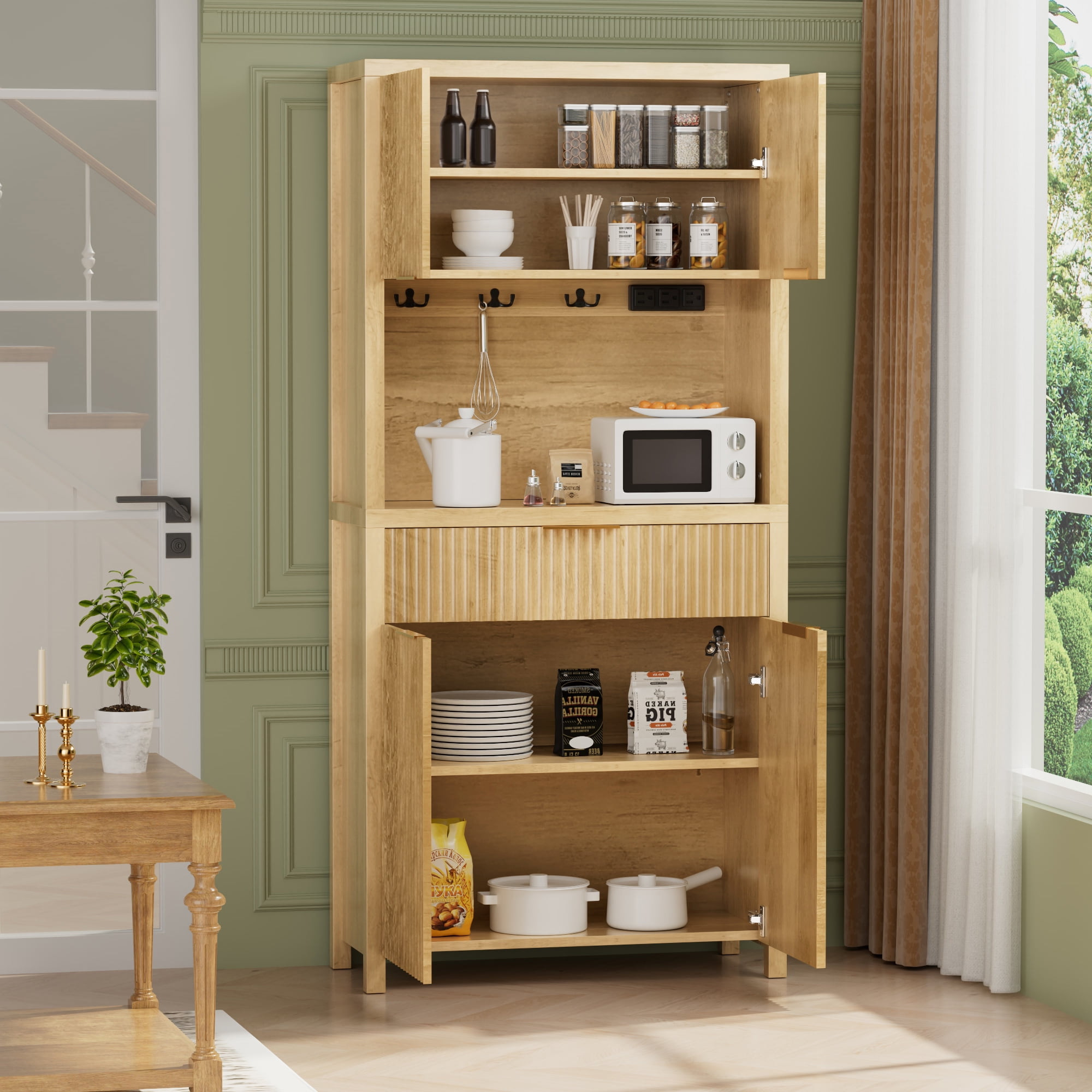 GIKPAL Pantry Cabinet with Charging Station, Fluted Kitchen Pantry Storage Cabinet with Shelves and Drawer, Boho Kitchen Hutch with Microwave Stand for Dining Living Room, Natural Oak