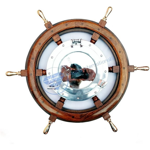 Nagina International Nautical Brass Handle Aluminum Porthole Mirror Ship Wheel | Beach Decor Gift (48 Inches)