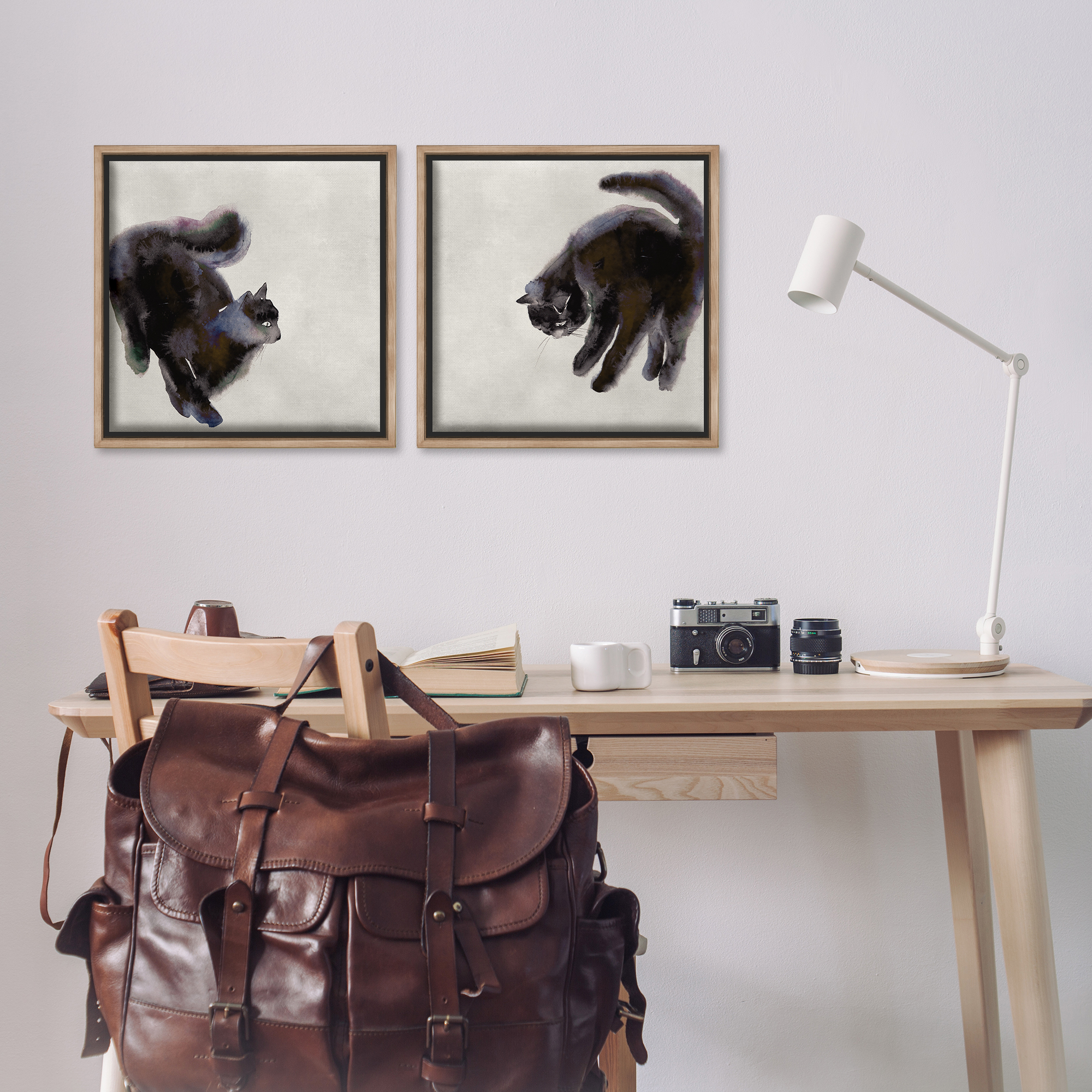 Stupell Industries Fuzzy Black Cats on Beige Animals Painting Brown Floater Framed Canvas Art Print Wall Art, 18 x 18, Set of 2