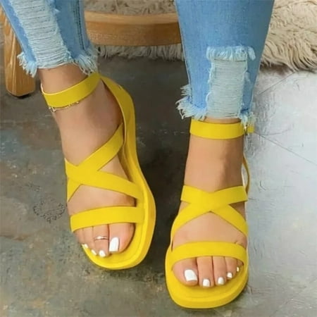 

ERTUTUYI Summer Fashion Women Buckle Flat Open Toe Slipper Sandals Beach Casual Shoes Yellow 36