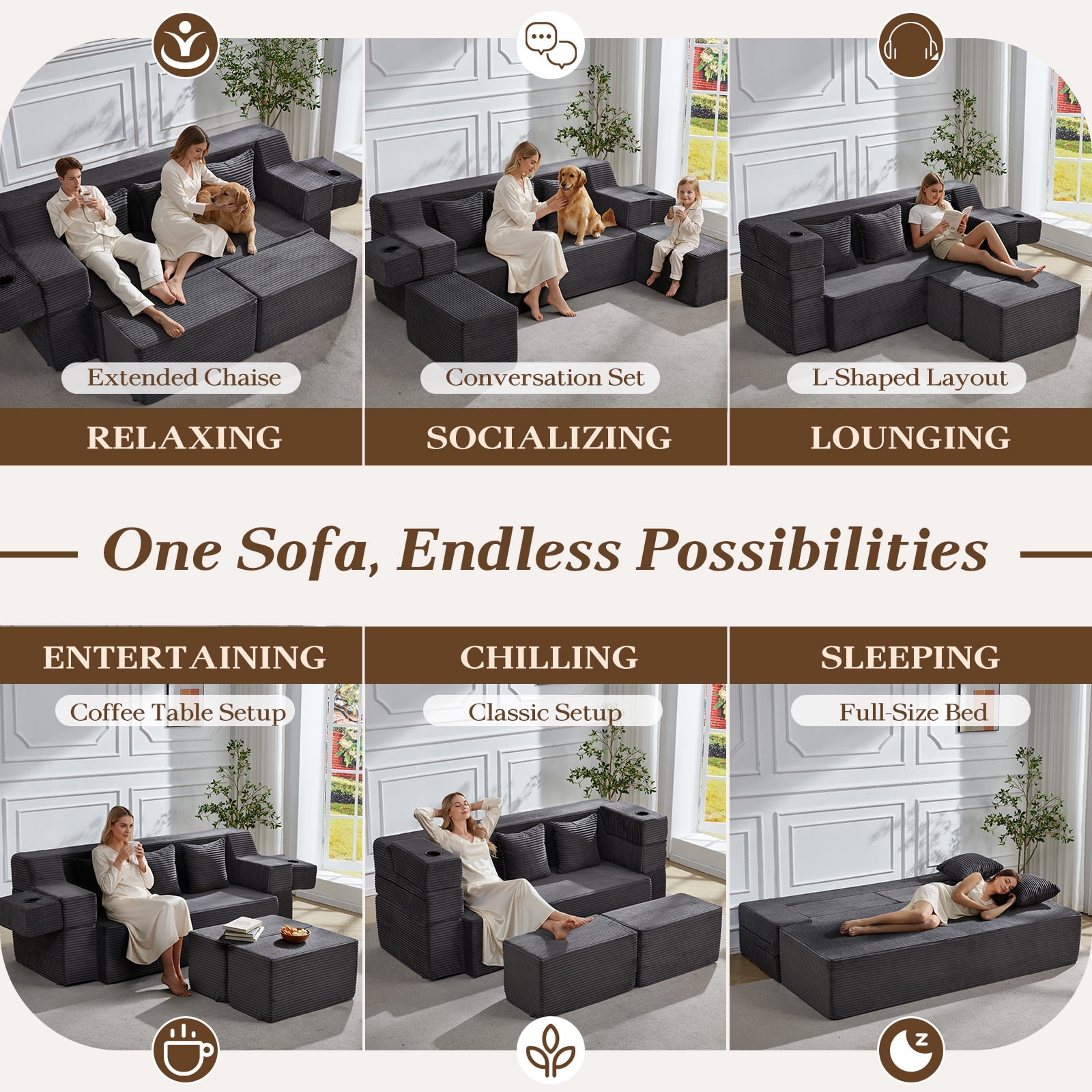 78.7'' Folding Sofa Bed with 2 Ottomans, 3-in-1 Convertible Foam Futon, Flip-Up Armrest with Cup Holder, Oeko-TEX Certified Corduroy, No Assembly Sleeper Couch for Small Space,Dark Grey