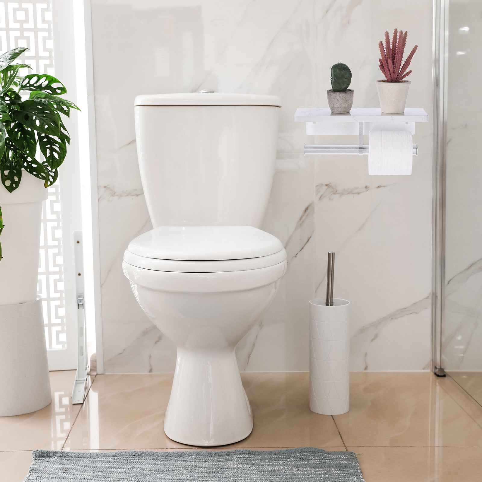 Unique Bargains Toilet Paper Holder with Marble Shelf Modern Design for Bathroom Silver