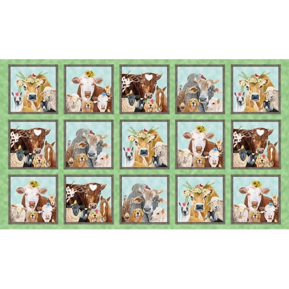 24" X 44" Panel Happy Farm Animals Blocks Cows Sheep Horses Dogs Llamas Goats Green Cotton Fabric Panel (28000GREEN)