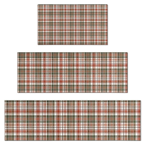 Red and Green Plaid Christmas Pattern Kitchen Rugs Sets Of 3,Kitchen Runner Rugs Non Skid Washable,Decorative Kitchen Floor Mats for Kitchen,Sink,Laundry,17"x30" 17"x47" 17"x59"
