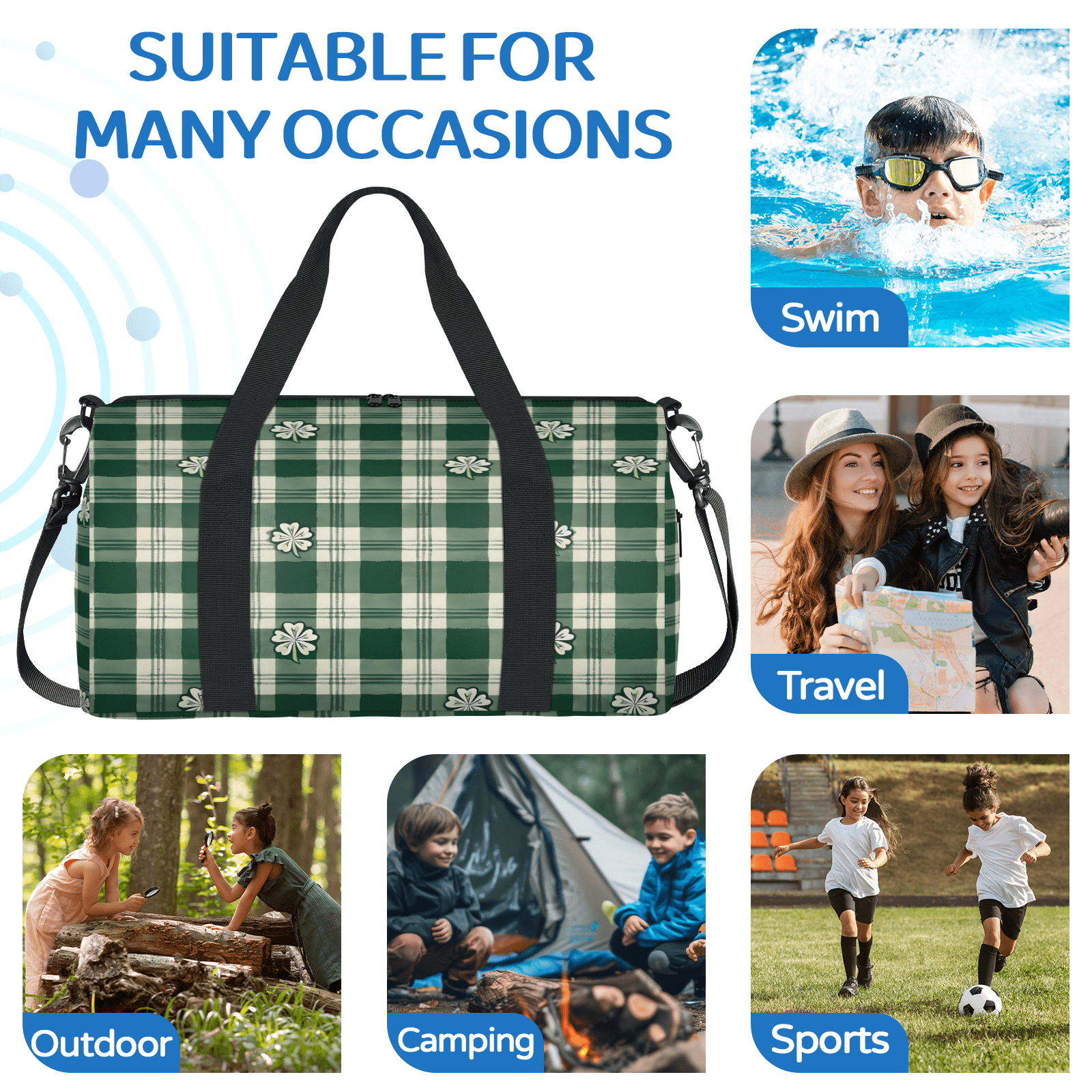 Herdesigns St. Patrick's Day Clover Shamrock Irish Gym Bag for Women, Duffle Bag for Travel Sport, Lightweight Waterproof Carry on Weekender Overnight Dance Yoga Workout Bags