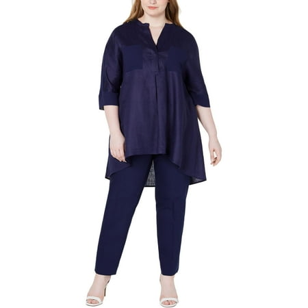 Anne Klein Women's Short Sleeve V Neck Hi Lo Top Blue Size 1X