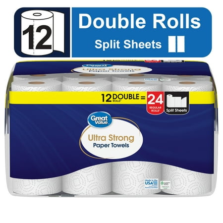 Great Value Ultra Strong Paper Towels, White, 12 Double Rolls