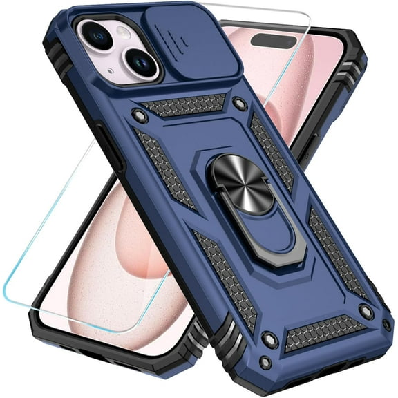 Compatible with iPhone 15 Case with HD Screen Protector & Slide Camera Cover & Rotated Ring Kickstand, [Military-Grade] Phone Case for iPhone 15 (Blue)