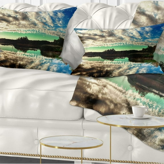 Designart Sky Clouds Mirrored in River Panorama - Landscape Printed Throw Pillow - 12x20