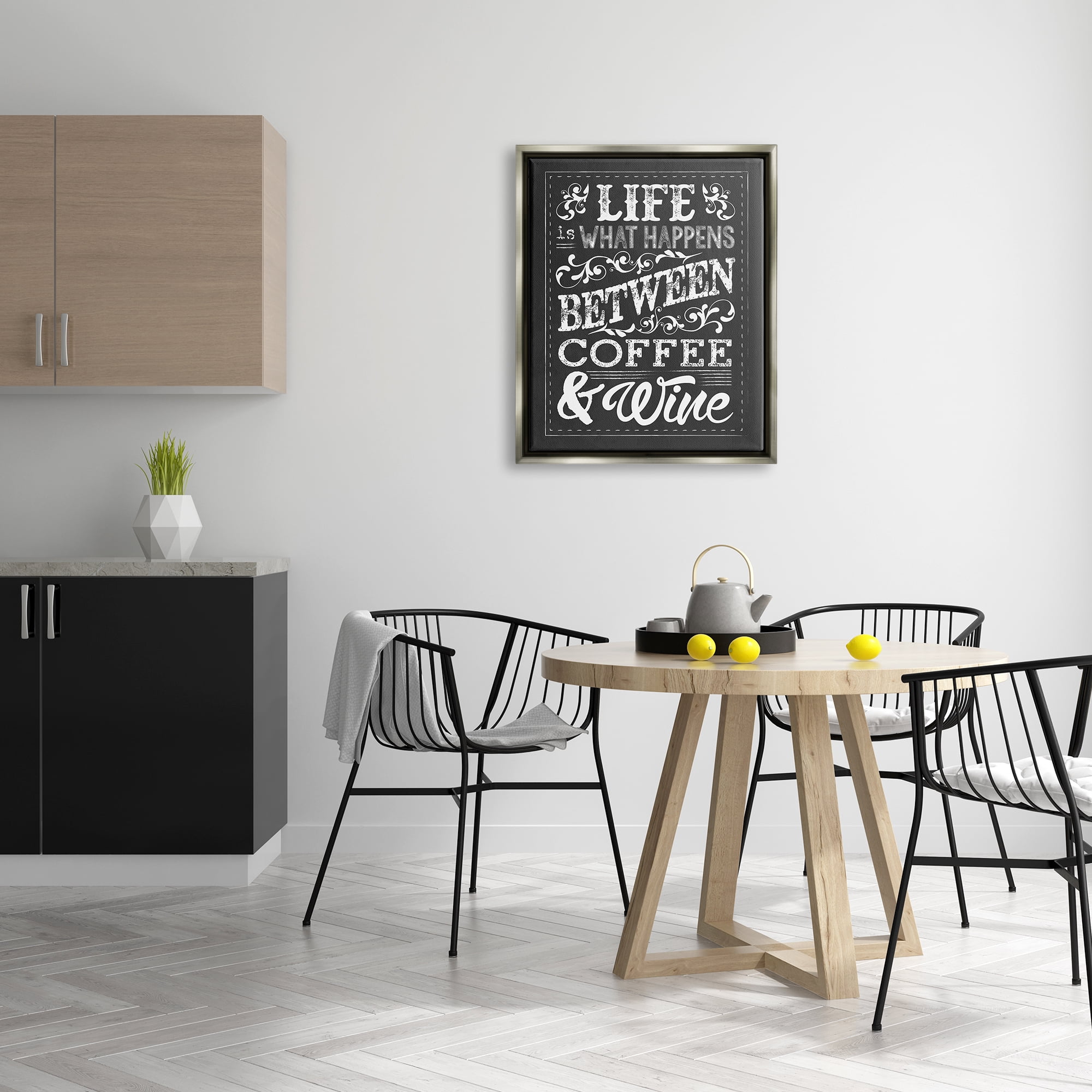 Stupell Industries Life, Between Coffee and Wine Chalk Luster Gray Framed Floating Canvas Wall Art, 24x30, by Melody Hogan