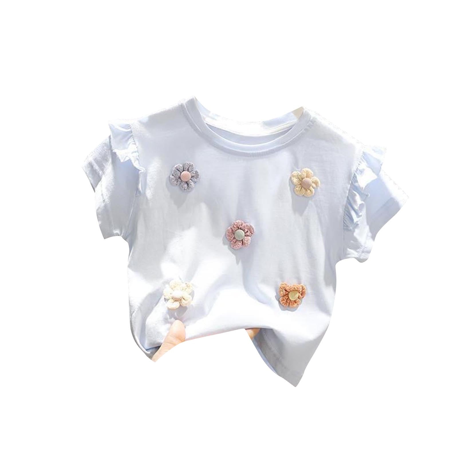 Toddler Girl Clothes, Summer Girls Shirts, Summer Outfit New Girls' Stylish Flower Short Sleeved Round Neck Top Fashionable T-shirt, Blue, 2 Years