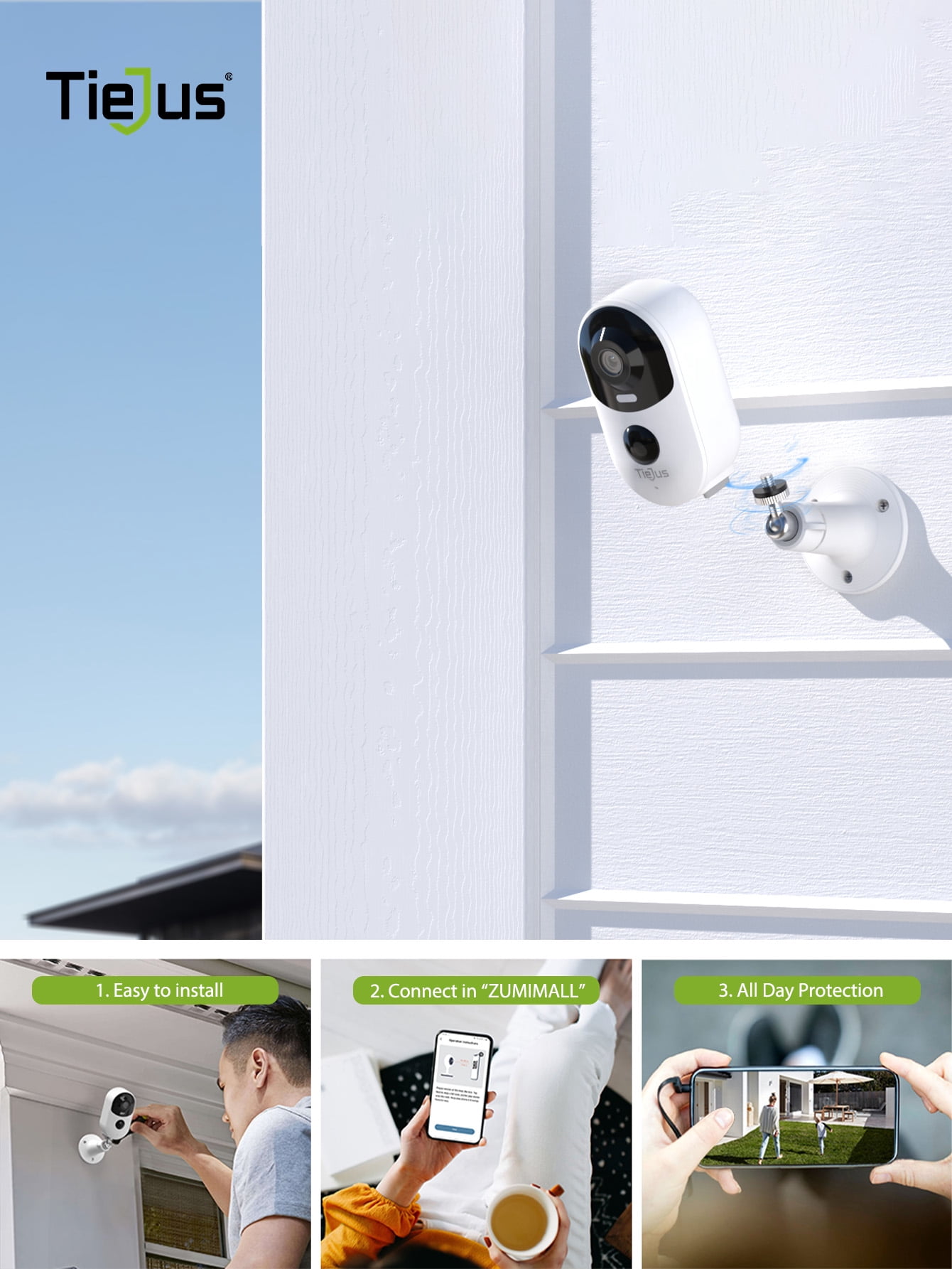 TIEJUS 2K Wireless Outdoor Security Camera ,Waterproof,,2.4GHz WiFi,Rechargeable Battery Powered Home Surveillance Camera with Color Night Vision