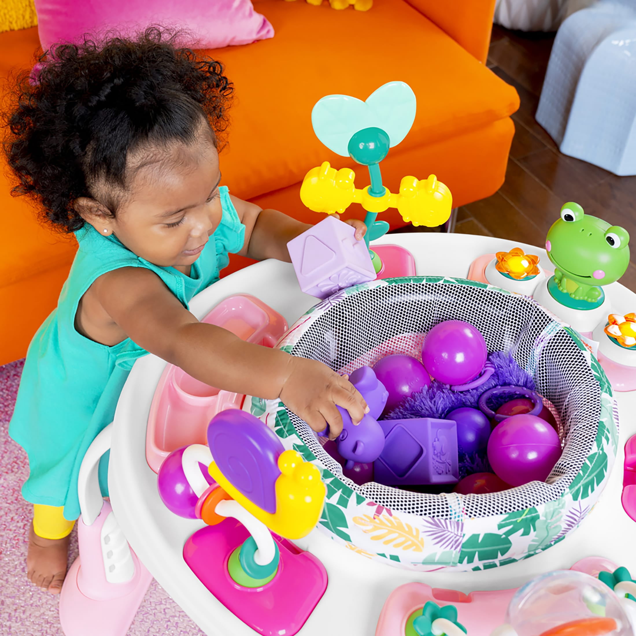 Bright Starts Bounce Bounce Baby 2-in-1 Activity Center Jumper & Table - Playful Palms Pink, 6 Months and up