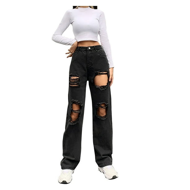 xiuh baggy pants fashion solid color ripped edge straight jeans slim