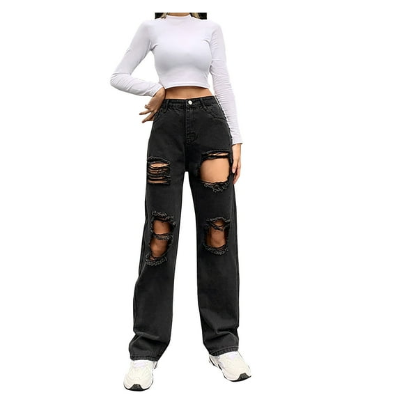 Aocisk Fashion Jeans Edge Ripped Solid Straight Slim Jeans Casual Color Pants for Daily Wear for Women with Distressed Details Black XL