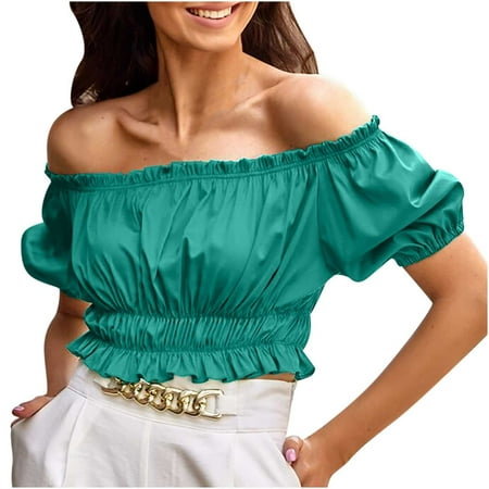 

ZQGJB Sexy Off Shoulder Corset Tops for Women Trendy Summer Puff Short Sleeve Ruched Pleated Tube Cropped Tshirt Casual Elastic Ruffle Trim Blouse Green S