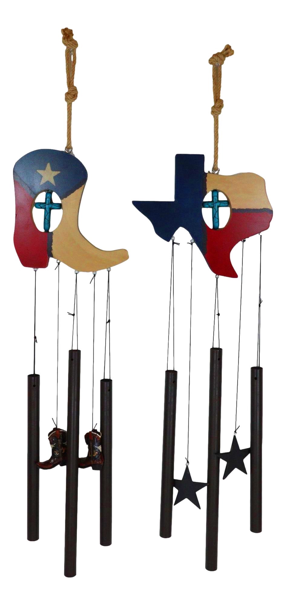 Pack of 2 Western Star Texas State Flag Cowboy Boot Turquoise Cross Wind Chimes