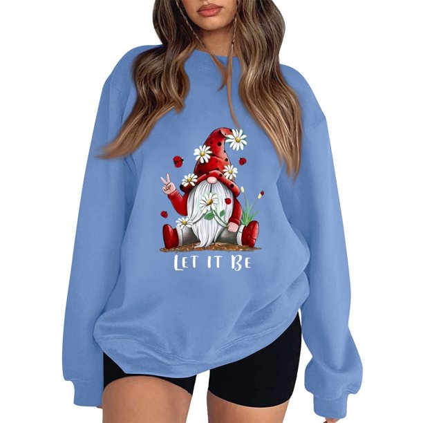 Women's Casual Red Sweatshirt with Cute Gnome and 'Let It Be' Print Cozy Long Sleeve Pullover for All Seasons