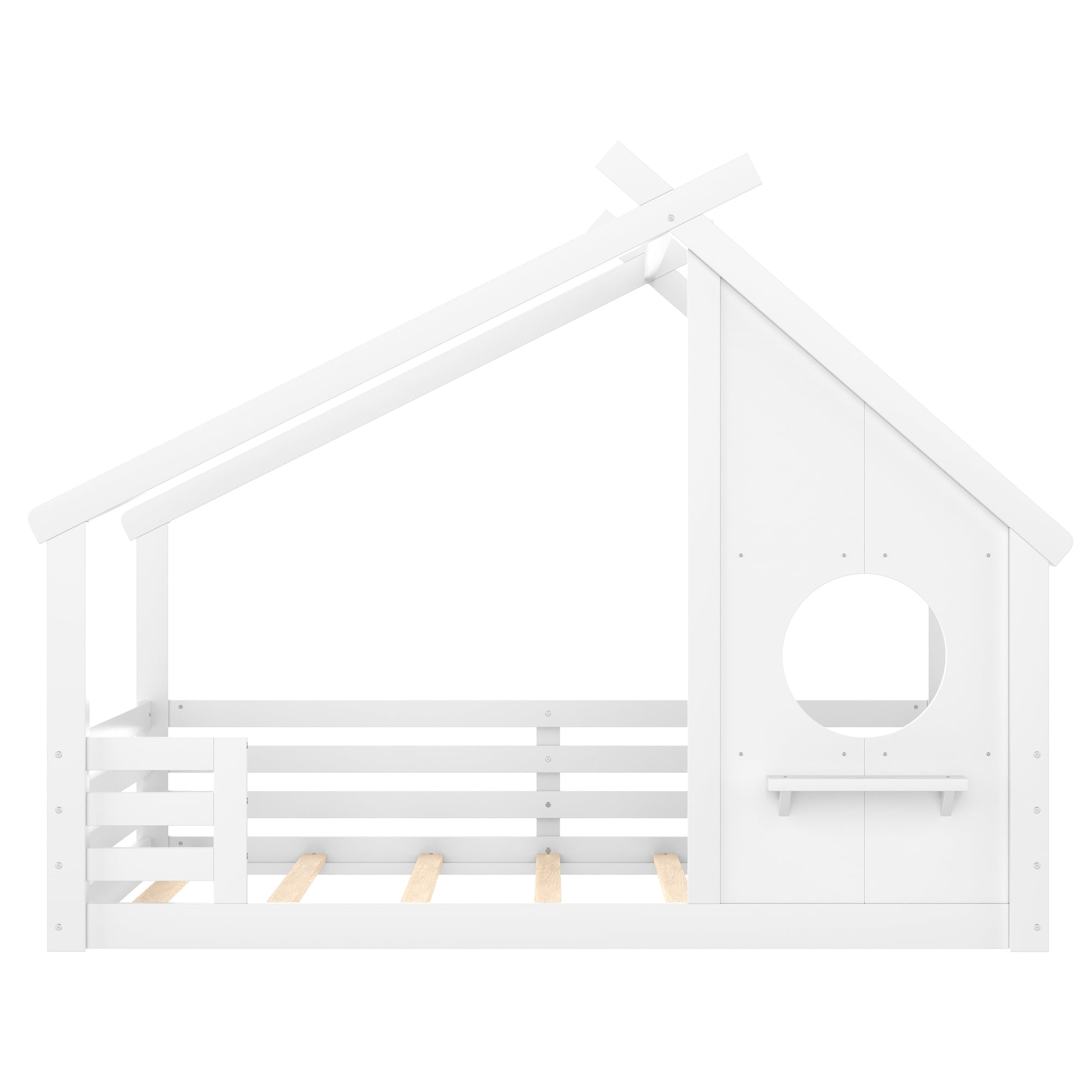 Jopath Full Size House Floor Bed with Window and a Small Shelf, Solid Wood Floor Bed with House-shaped Roof for Boys Girls White