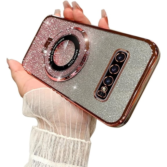 Galaxy S10 Plus Case [Support Magsafe Charger] Wireless Glitter Plated Kickstand Holder Shockproof Camera Lens Protector Slim Thin Phone Cover Case for Samsung Galaxy S10 Plus-Pink