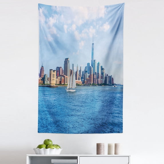 New York City Tapestry, Manhattan Skyline New York Sunshine USA Clear Sky Tower Skyscraper Photography, Fabric Wall Hanging Decor for Bedroom Living Room Dorm, 5 Sizes, Blue Grey, by Ambesonne