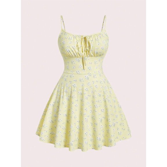 Yellow Floral Print Fit & Flare Mini Dress With Spaghetti Straps And Tie Front