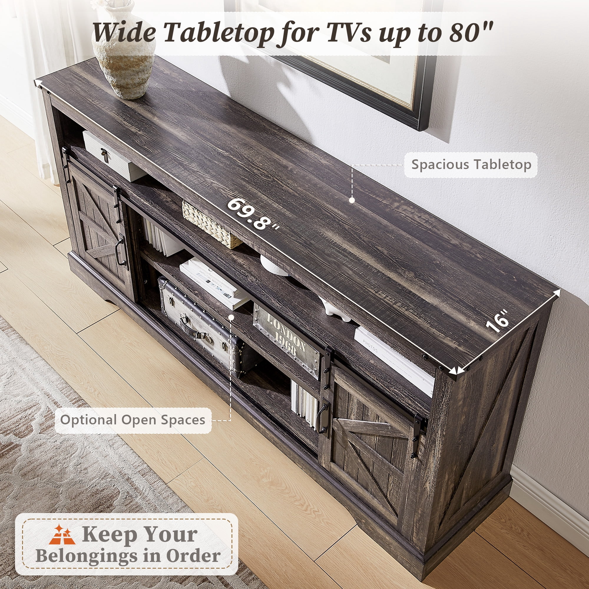 KeyWhat Farmhouse TV Stand for TVs Up to 80", 9 Storage Compartments, Sliding Barn Doors