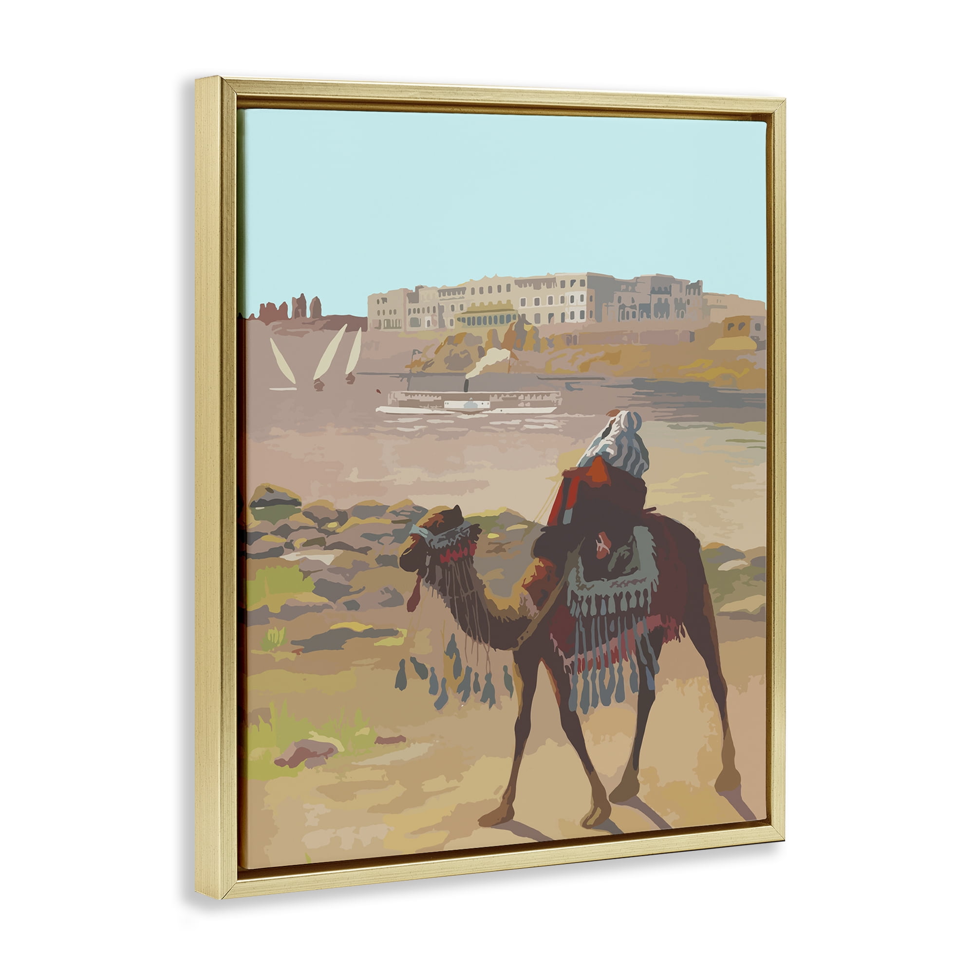 Stupell Industries Camel in Desert Town Landscape Painting Gold Floater Framed Art Print Wall Art, 17 x 21